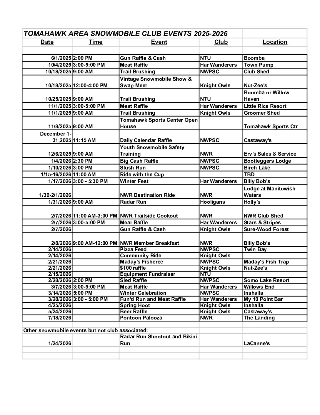 Events - 2025 - 2026 all clubs